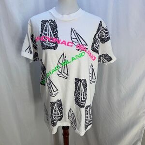 Vtg 1980s Sing Stitch Mackinac Island t shirt neon Sz L sailboats graphic AOP